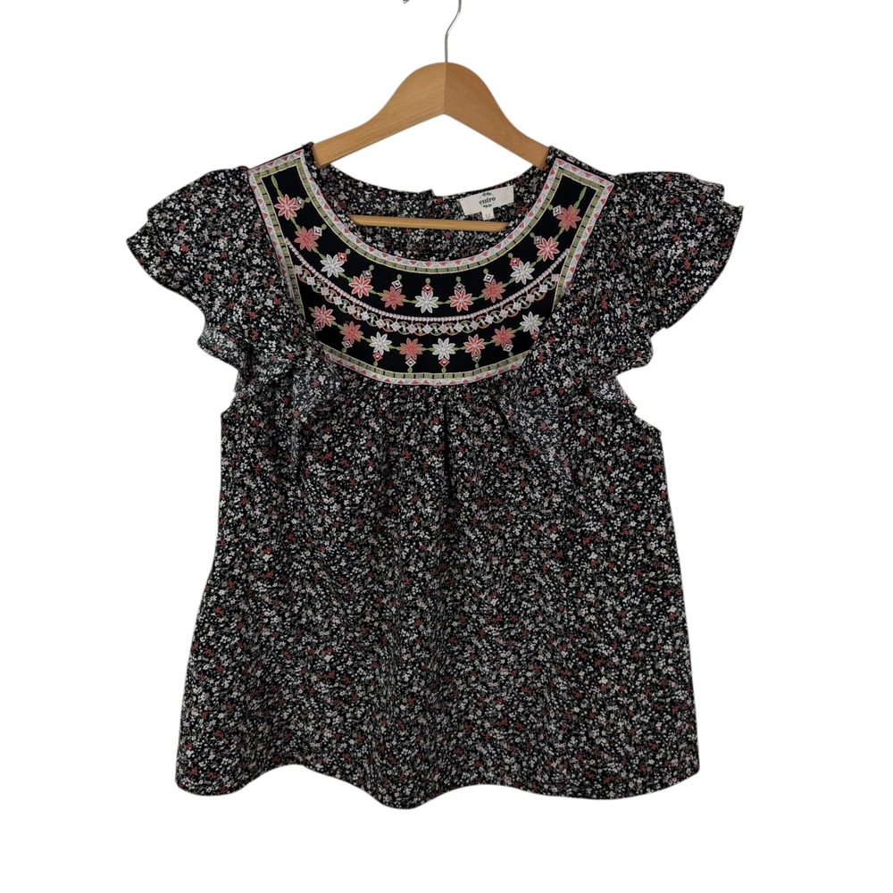 Entro Black Floral Embroidered Blouse Medium Lightweight Boho Peasant Festival